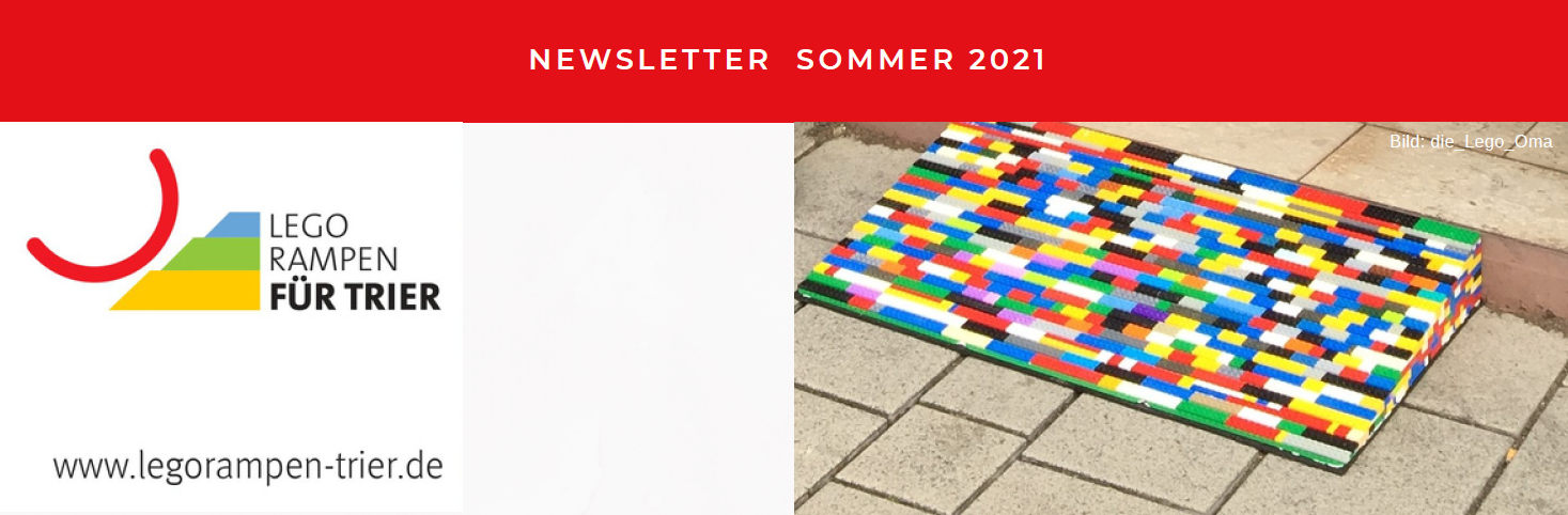 Ein Bild mit einer Legorampa. Zudem ist folgender Text zu lesen: Newsletter Sommer 2021 und www.legorampen-trier.de