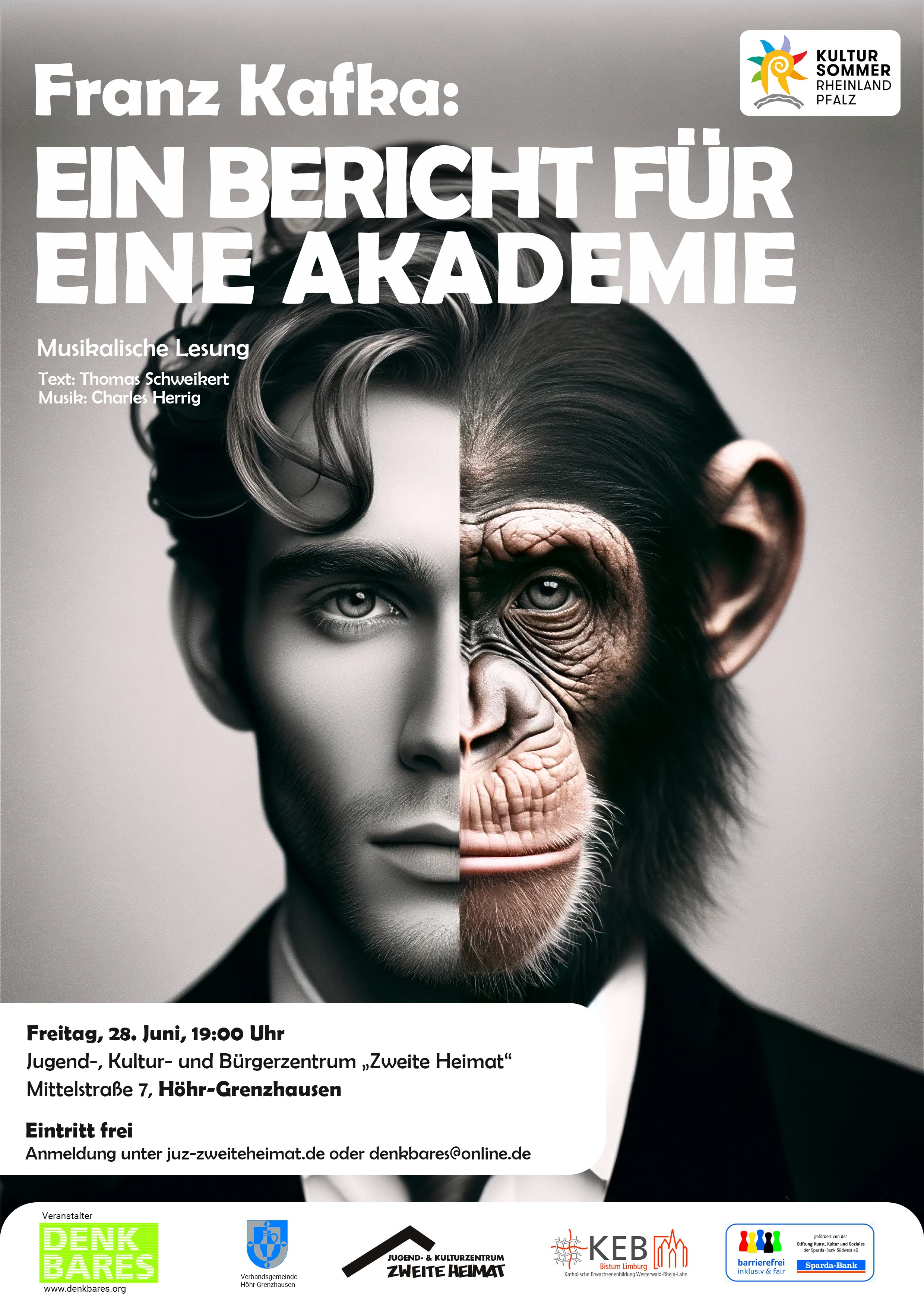 Das Bild zeigt ein Portrait. Halb Mensch, halb Affe. Darauf zu sehen ist der Text: Franz Kafka, ein Bericht für eine Akademie. Dazu nie Logos der Förderer.